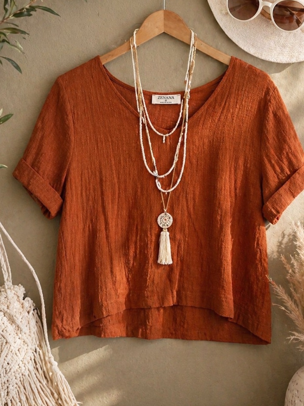 Zenana Rust 100% Cotton Crop Top Boho Cottagecore Gauze Tee Summer Festival - Picture 6 of 6
